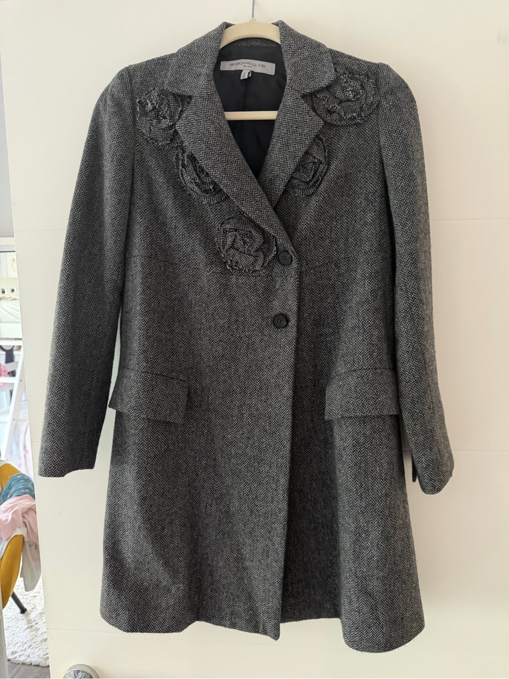 Morgane Le Fay Gray Wool Floral-Appliqué Pea Coat